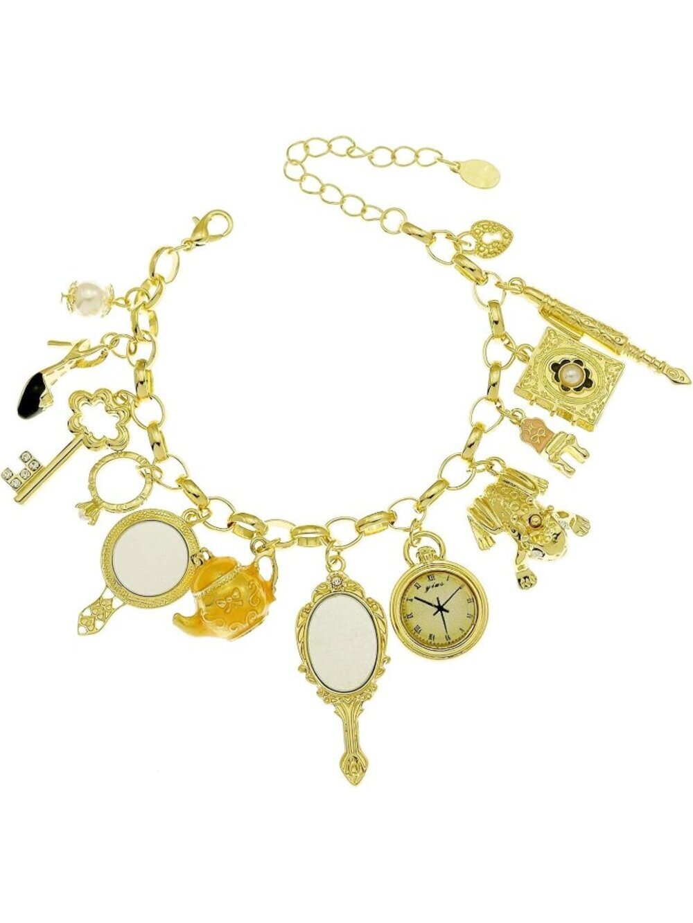 Women's Polish Gold Mirror Clock Heart Teapot Wonderland Style Bangle  Bracelet